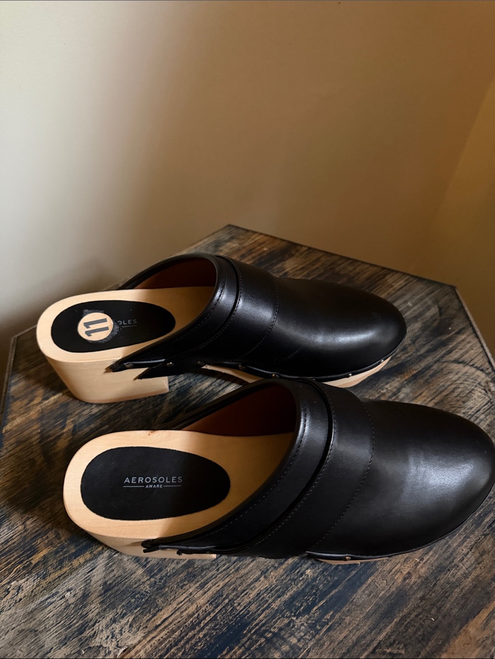 AEROSOLES Black Leather Slip-On Clog Mules with Wood Block Heel NWOT
